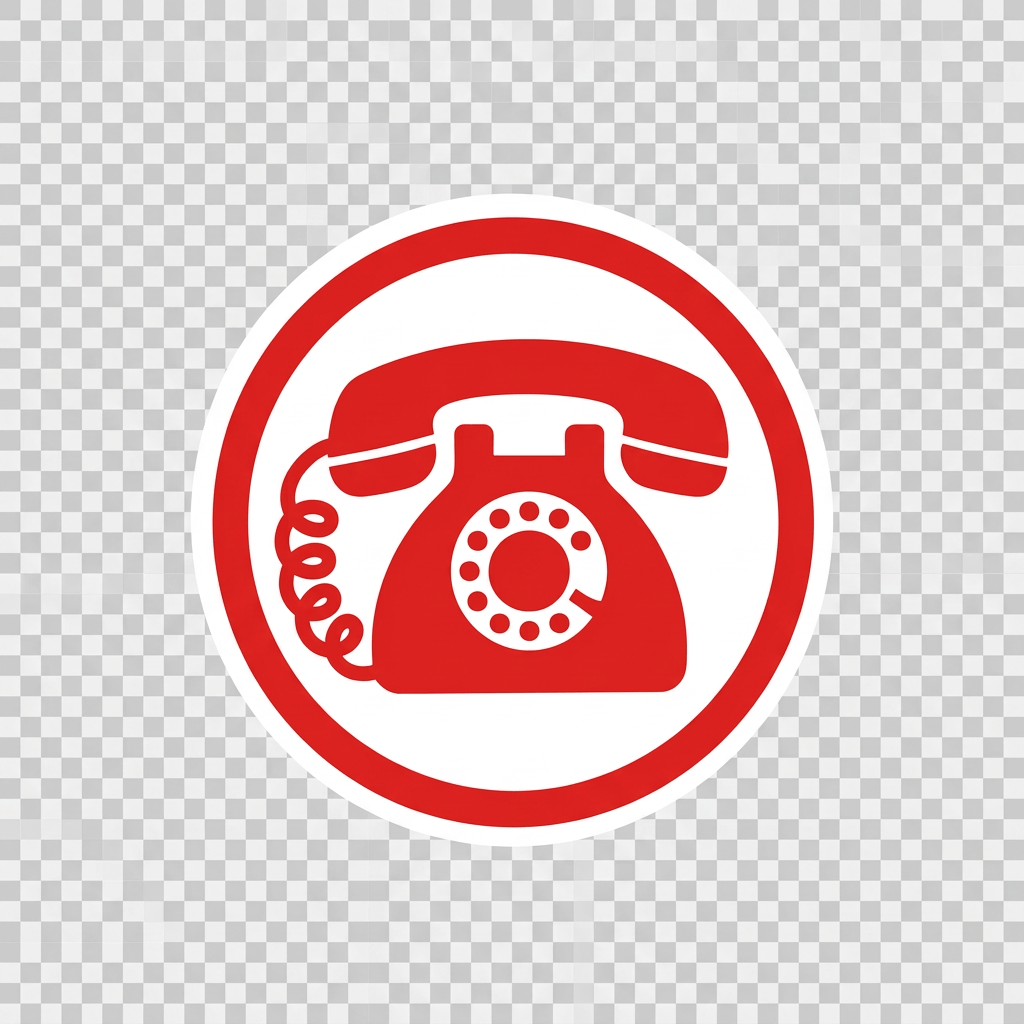 Red vintage rotary telephone icon inside a white circle with red border